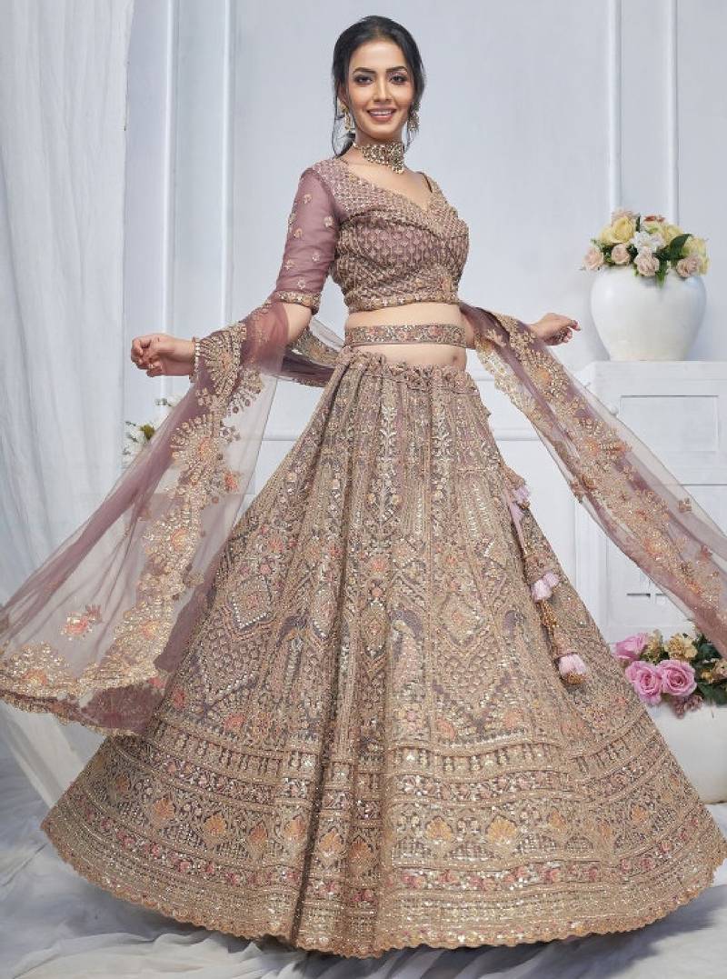 Embroidered Net Sequinned Semi-Stitched Lehenga & Unstitched Blouse With Dupatta
