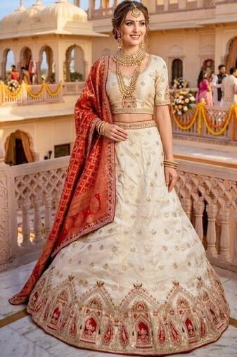 Embroidered Semi-Stitched Lehenga & Unstitched Blouse With Dupatta