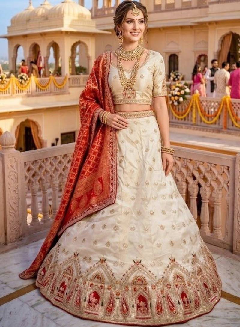 Embroidered Semi-Stitched Lehenga & Unstitched Blouse With Dupatta
