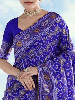 Royal blue banarasi silk blend jacuard work saree with unstitched blouse piece 6