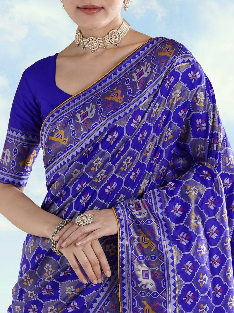 Royal blue banarasi silk blend jacuard work saree with unstitched blouse piece