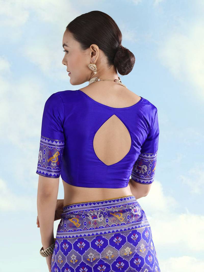 Royal blue banarasi silk blend jacuard work saree with unstitched blouse piece