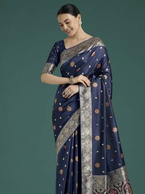 Blue banarasi silk blend jacuard work saree with unstitched blouse piece 6