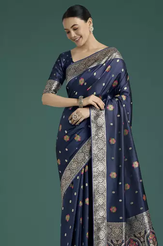 Blue banarasi silk blend jacuard work saree with unstitched blouse piece