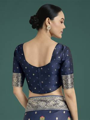 Blue banarasi silk blend jacuard work saree with unstitched blouse piece 7
