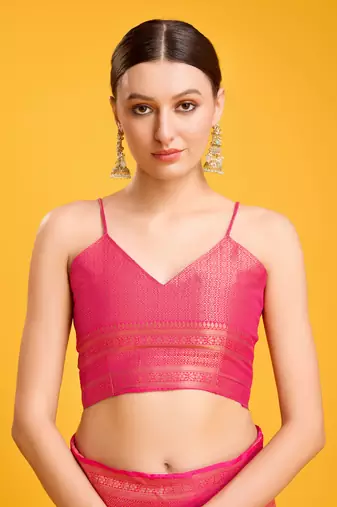 pink silk blend banarasi jacuard work saree with unstitched blouse piece