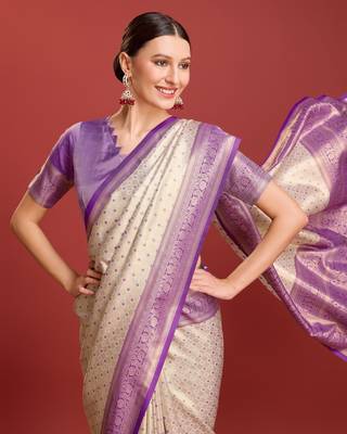Off white sky banarasi silk blend jacuard work saree with unstitched blouse piece 6