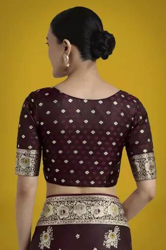 Maroon silk blend jacuard work saree with unstitched blouse piece