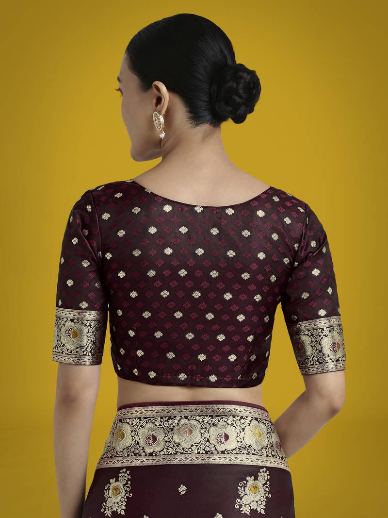 Maroon silk blend jacuard work saree with unstitched blouse piece
