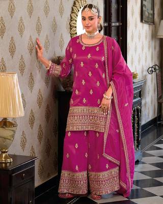 Trendmalls women's pink star georgette embroidery sequence work kurta palazzo with dupatta set 1