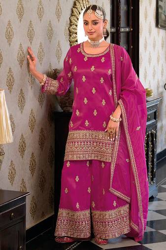 women's pink star georgette embroidery sequence work kurta palazzo with dupatta set