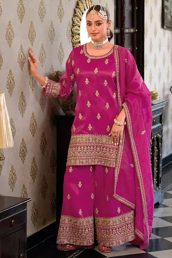 women's pink star georgette embroidery sequence work kurta palazzo with dupatta set