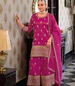 Trendmalls women's pink star georgette embroidery sequence work kurta palazzo with dupatta set