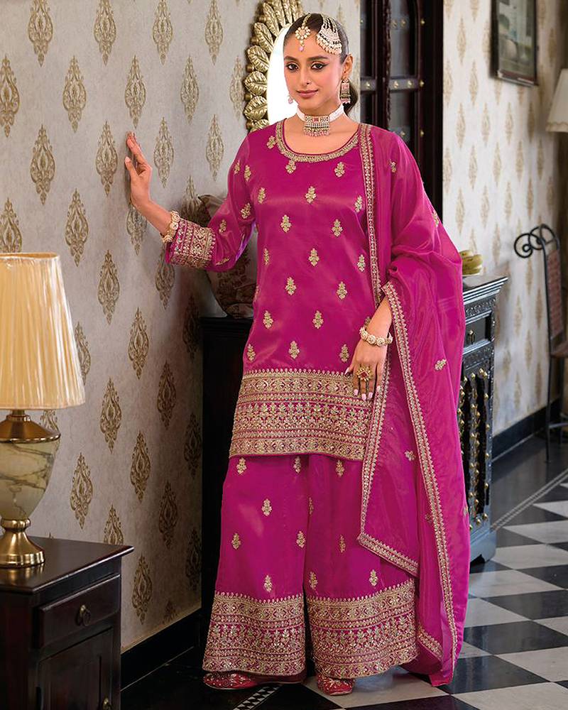 Trendmalls women's pink star georgette embroidery sequence work kurta palazzo with dupatta set