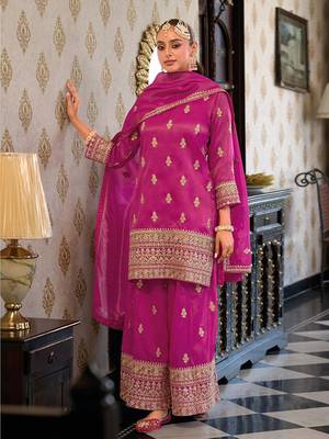 Trendmalls women's pink star georgette embroidery sequence work kurta palazzo with dupatta set 2