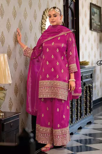 women's pink star georgette embroidery sequence work kurta palazzo with dupatta set