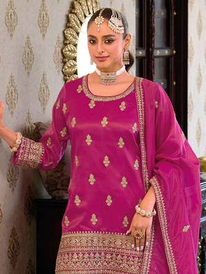 Trendmalls women's pink star georgette embroidery sequence work kurta palazzo with dupatta set 3