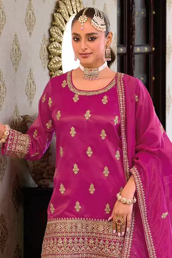 women's pink star georgette embroidery sequence work kurta palazzo with dupatta set