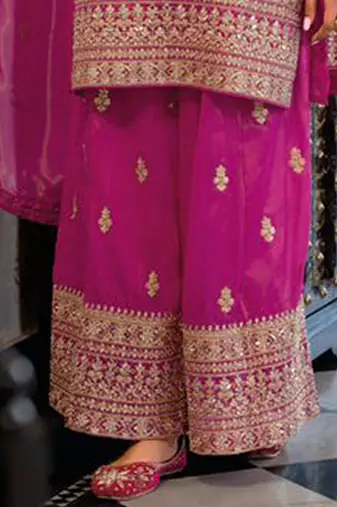 women's pink star georgette embroidery sequence work kurta palazzo with dupatta set