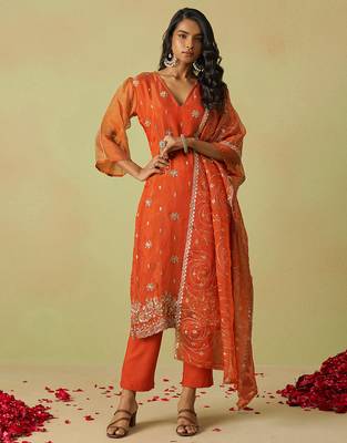 Trendmalls women's orange art silk embroidery sequence work kurta pant with dupatta set for women 1