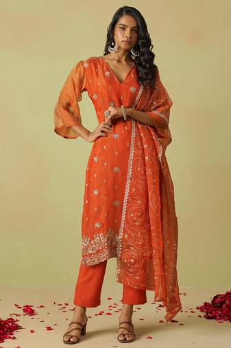 women's orange art silk embroidery sequence work kurta pant with dupatta set for women