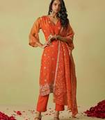 Trendmalls women's orange art silk embroidery sequence work kurta pant with dupatta set for women