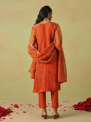 Trendmalls women's orange art silk embroidery sequence work kurta pant with dupatta set for women 2