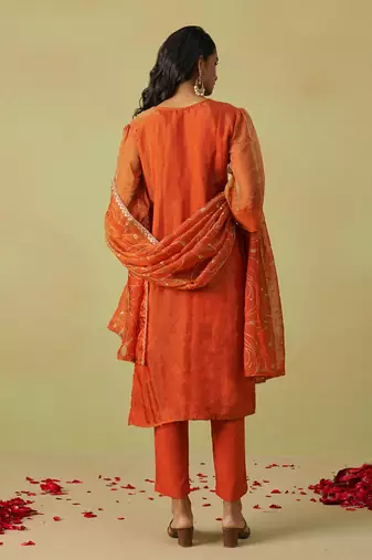 women's orange art silk embroidery sequence work kurta pant with dupatta set for women