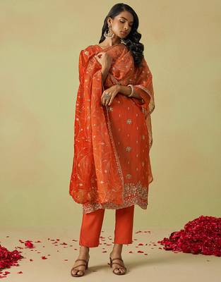 Trendmalls women's orange art silk embroidery sequence work kurta pant with dupatta set for women 3