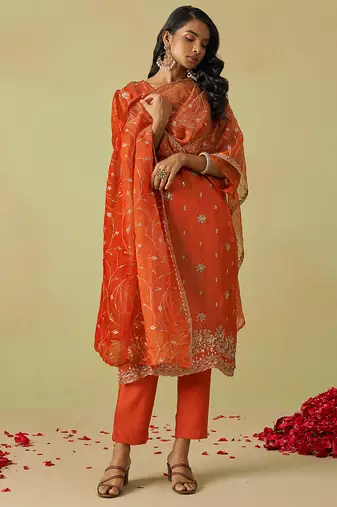 women's orange art silk embroidery sequence work kurta pant with dupatta set for women