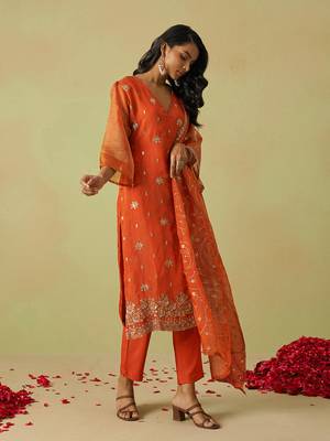 Trendmalls women's orange art silk embroidery sequence work kurta pant with dupatta set for women 4