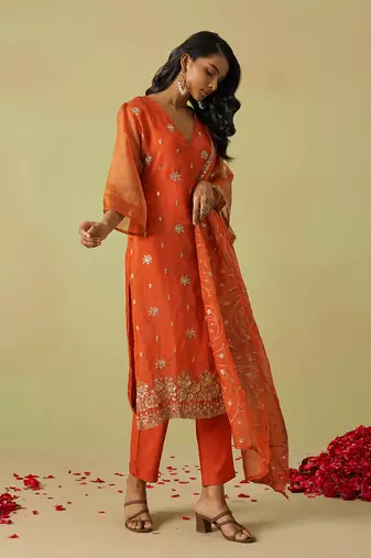 women's orange art silk embroidery sequence work kurta pant with dupatta set for women