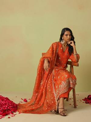 Trendmalls women's orange art silk embroidery sequence work kurta pant with dupatta set for women 5