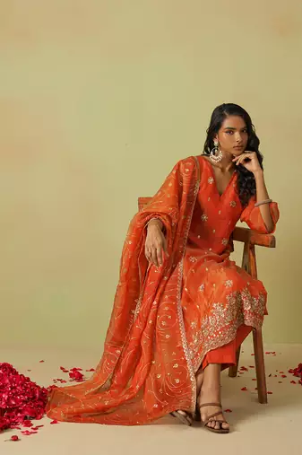 women's orange art silk embroidery sequence work kurta pant with dupatta set for women