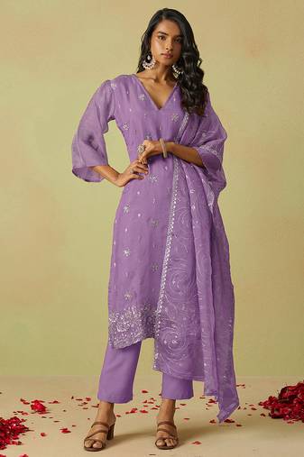 women's purple art silk embroidery sequence work kurta pant with dupatta set for women