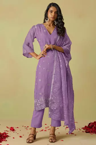 women's purple art silk embroidery sequence work kurta pant with dupatta set for women