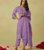 Trendmalls women's purple art silk embroidery sequence work kurta pant with dupatta set for women