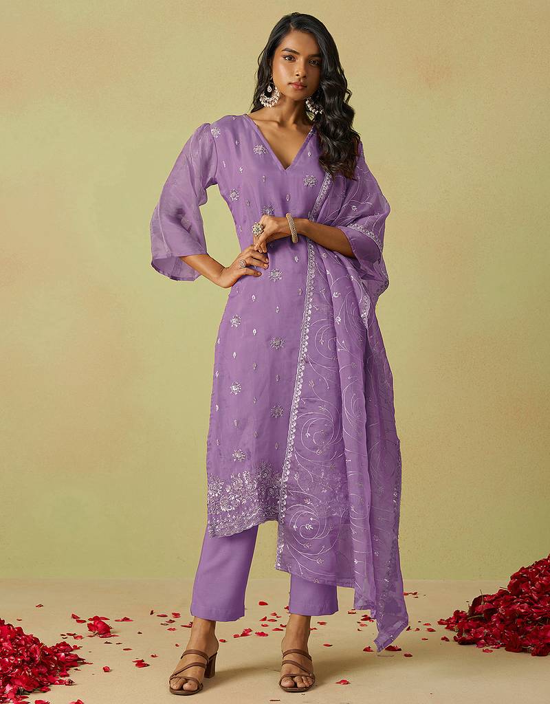 Trendmalls women's purple art silk embroidery sequence work kurta pant with dupatta set for women