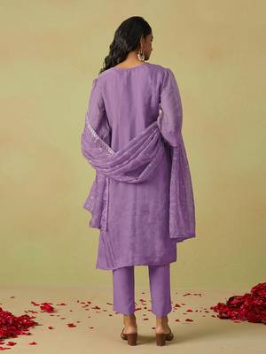 Trendmalls women's purple art silk embroidery sequence work kurta pant with dupatta set for women 2