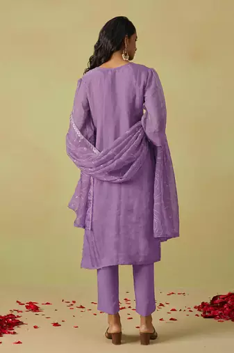 women's purple art silk embroidery sequence work kurta pant with dupatta set for women