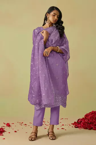 women's purple art silk embroidery sequence work kurta pant with dupatta set for women