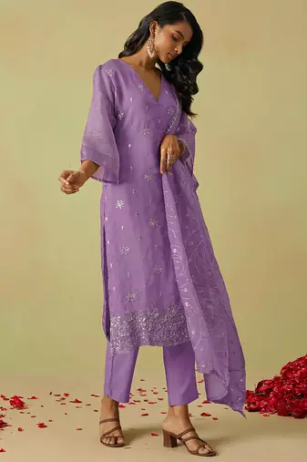 women's purple art silk embroidery sequence work kurta pant with dupatta set for women