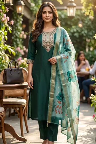 Green coding sequence embroidered kurta with trouser & dupatta