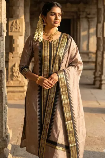 Coffee jaquard kanchi cotton round neck kurti dupatta set