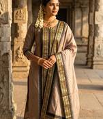 Coffee jaquard kanchi cotton round neck kurti dupatta set