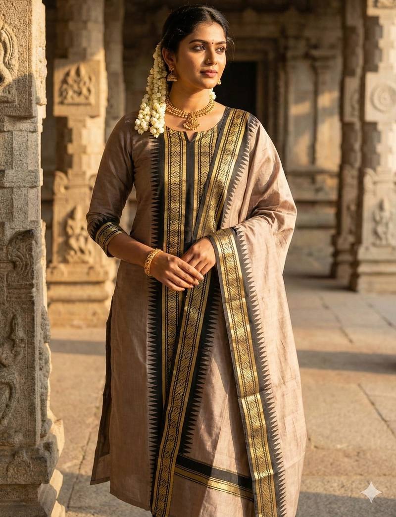 Coffee jaquard kanchi cotton round neck kurti dupatta set