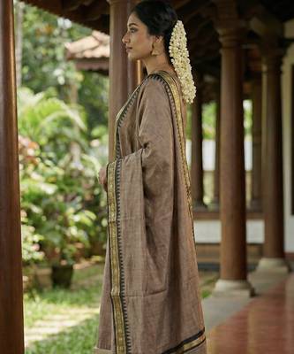 Coffee jaquard kanchi cotton round neck kurti dupatta set 2