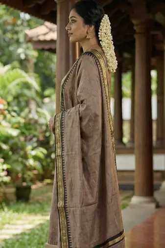 Coffee jaquard kanchi cotton round neck kurti dupatta set