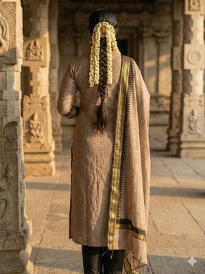 Coffee jaquard kanchi cotton round neck kurti dupatta set 3