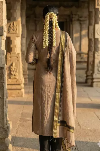 Coffee jaquard kanchi cotton round neck kurti dupatta set